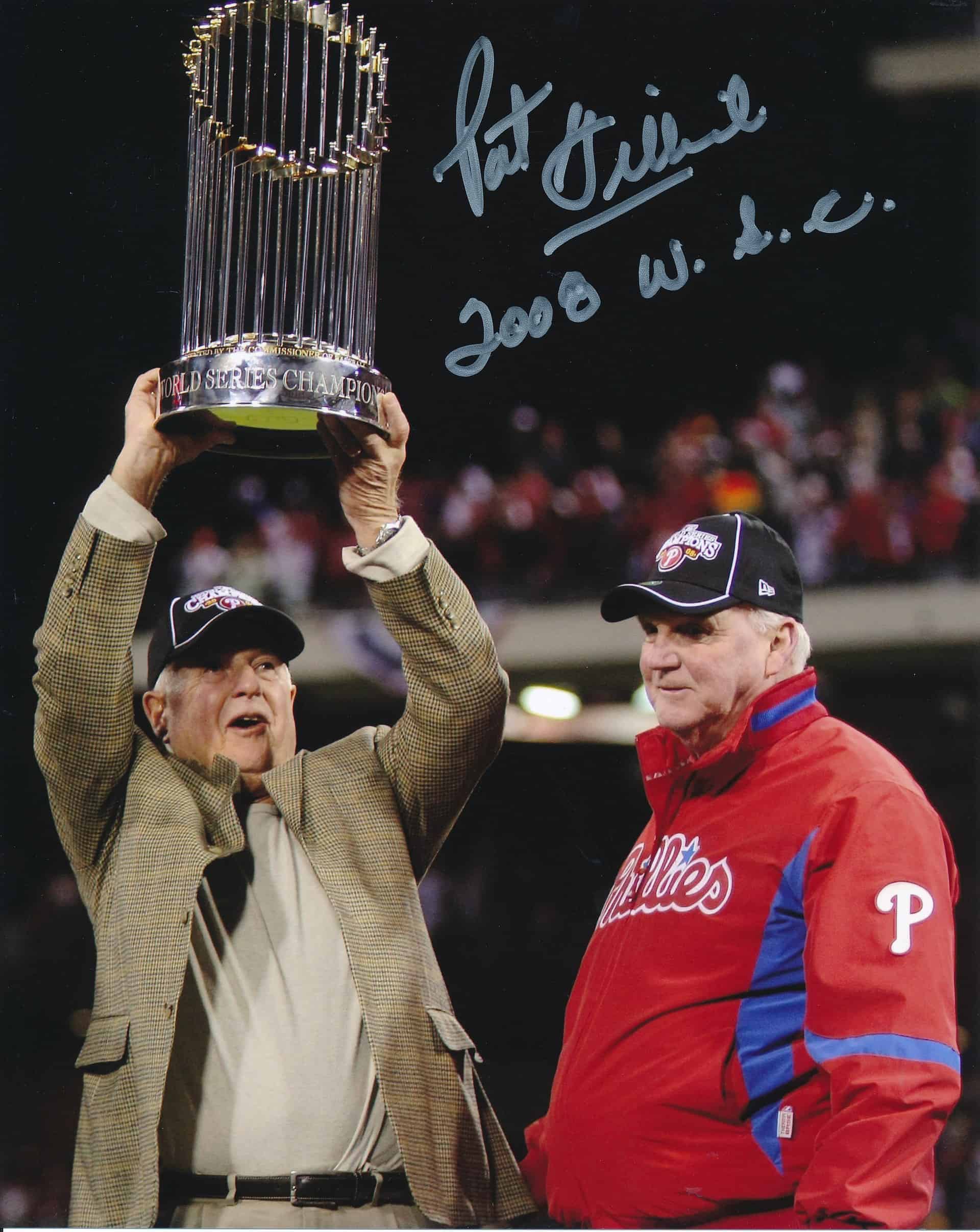 Pat Gillick Signed & Inscribed 8×10 Photo – Philadelphia Phillies 2008 World  Series Trophy with Charlie Manuel
