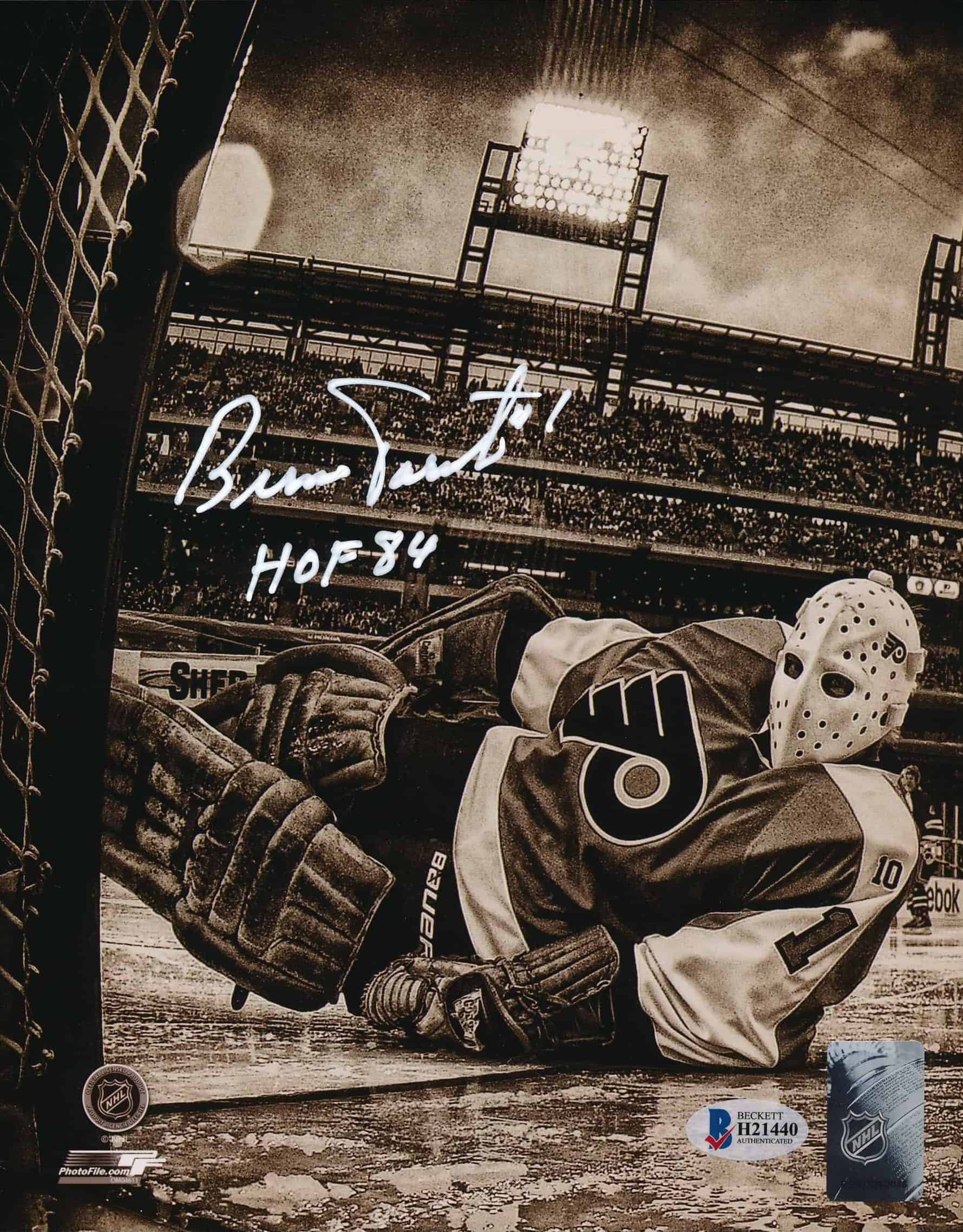 Bernie Parent Signed Flyers Mitchell & Ness Jersey Inscribed HOF